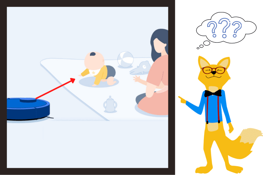 Baby sitzt am Boden und ein Saugroboter reinigt auf Augenhöhe mit dem Kind